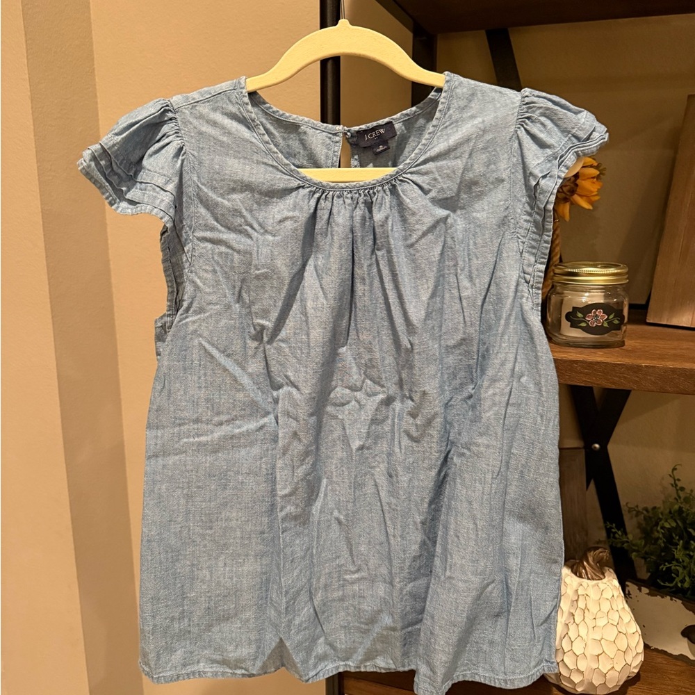 J. Crew Chambray Ruffle Sleeve Top